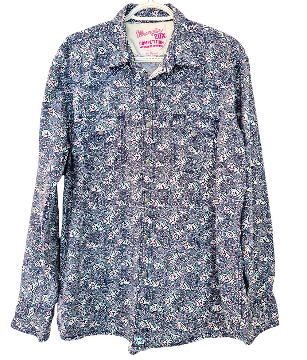 Wrangler Competition Womens L Western Shirt Long Sleeve Snap Cotton Blue Pink